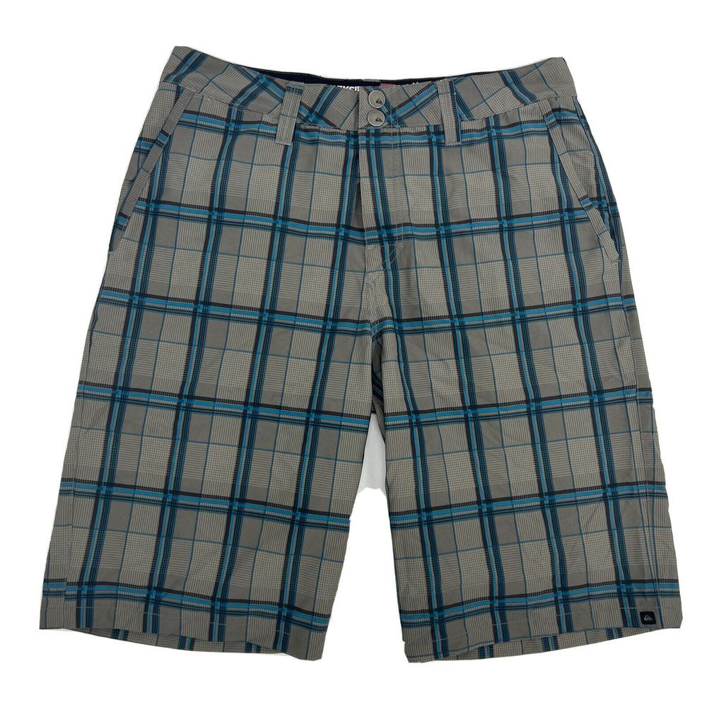 Quiksilver Board‎ Shorts Men's 29 Gray Plaid Amphibians Hybrid Flat Front Beach